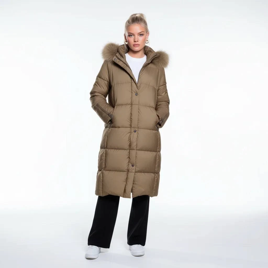 Piumino lungo donna con cappuccio in vera piuma GUS BI6017
