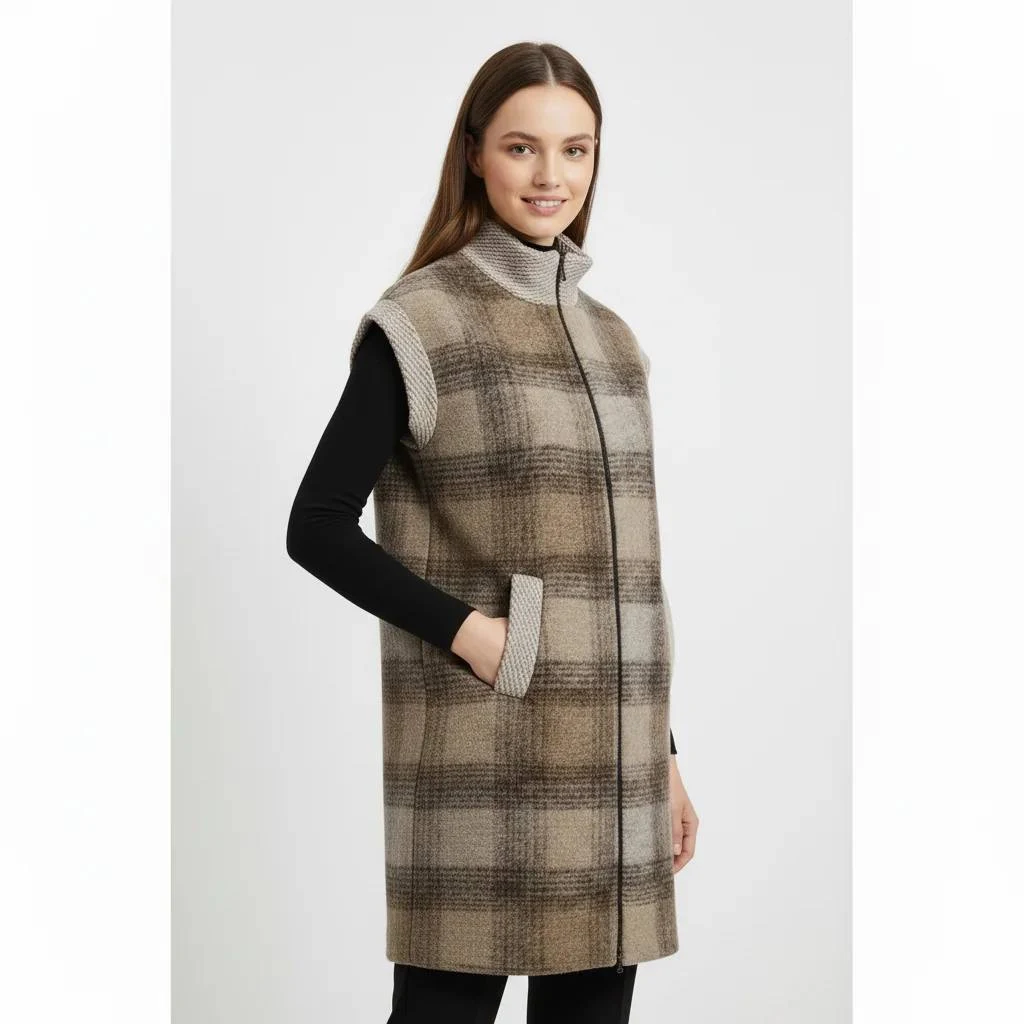 Gilet lungo donna a quadri effetto lana GUS HI61032
