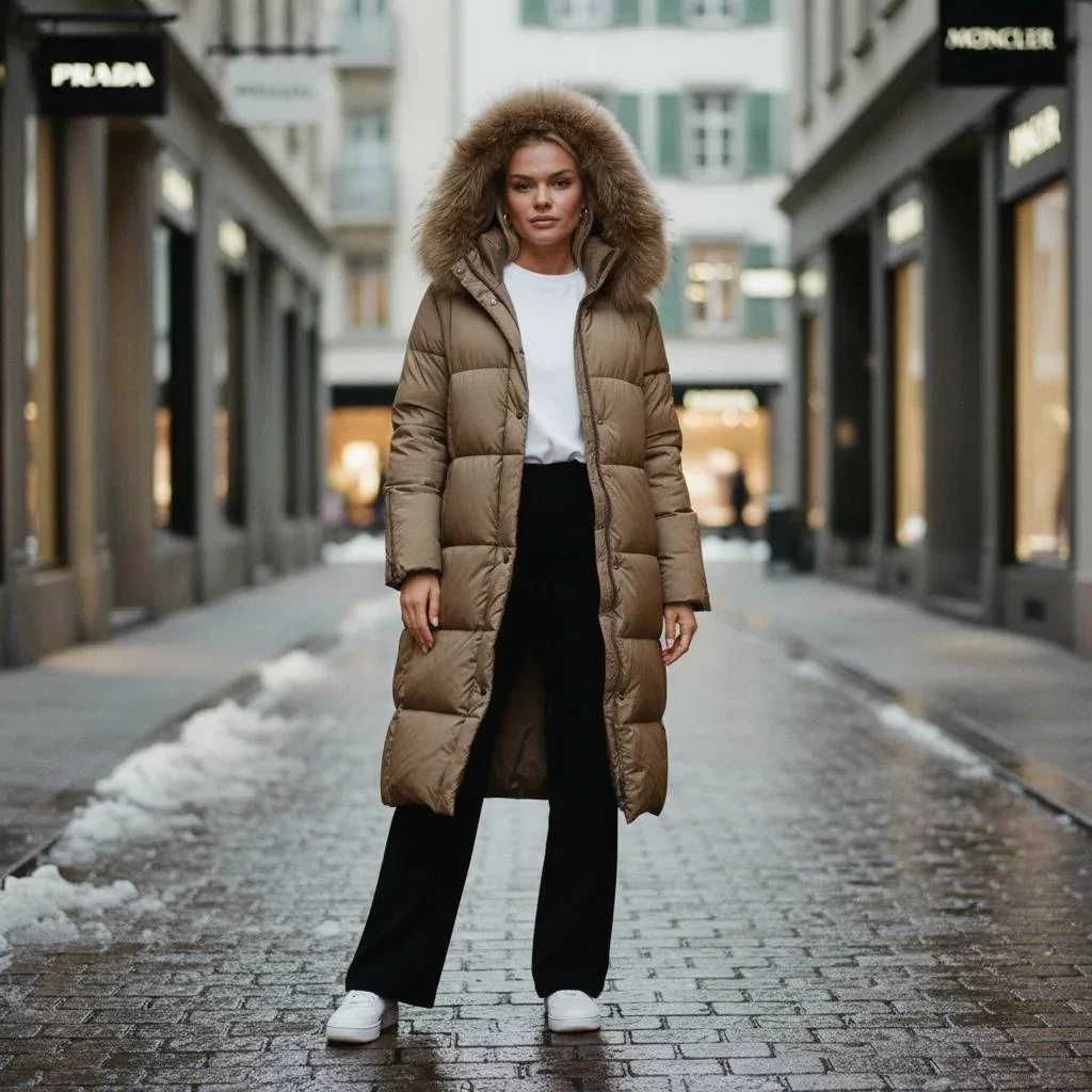 Piumino donna made in Italy indossato in città