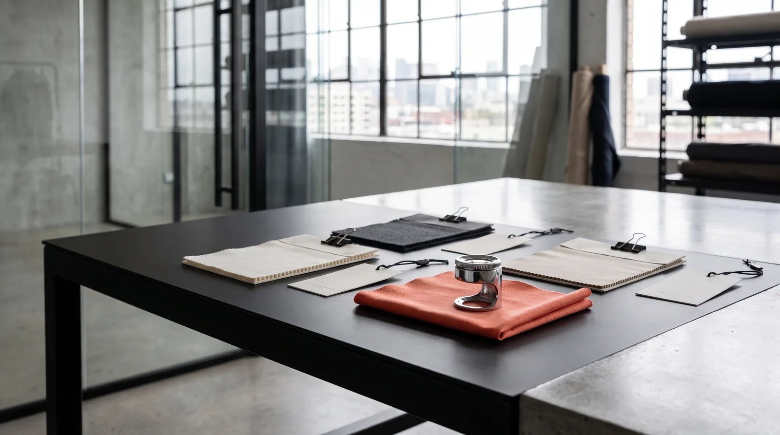 Etiquetas de certificación textil sobre una mesa de taller