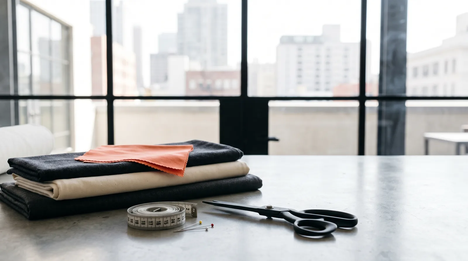 Dettaglio sartoriale, tessuti e strumenti da lavoro Made in Italy