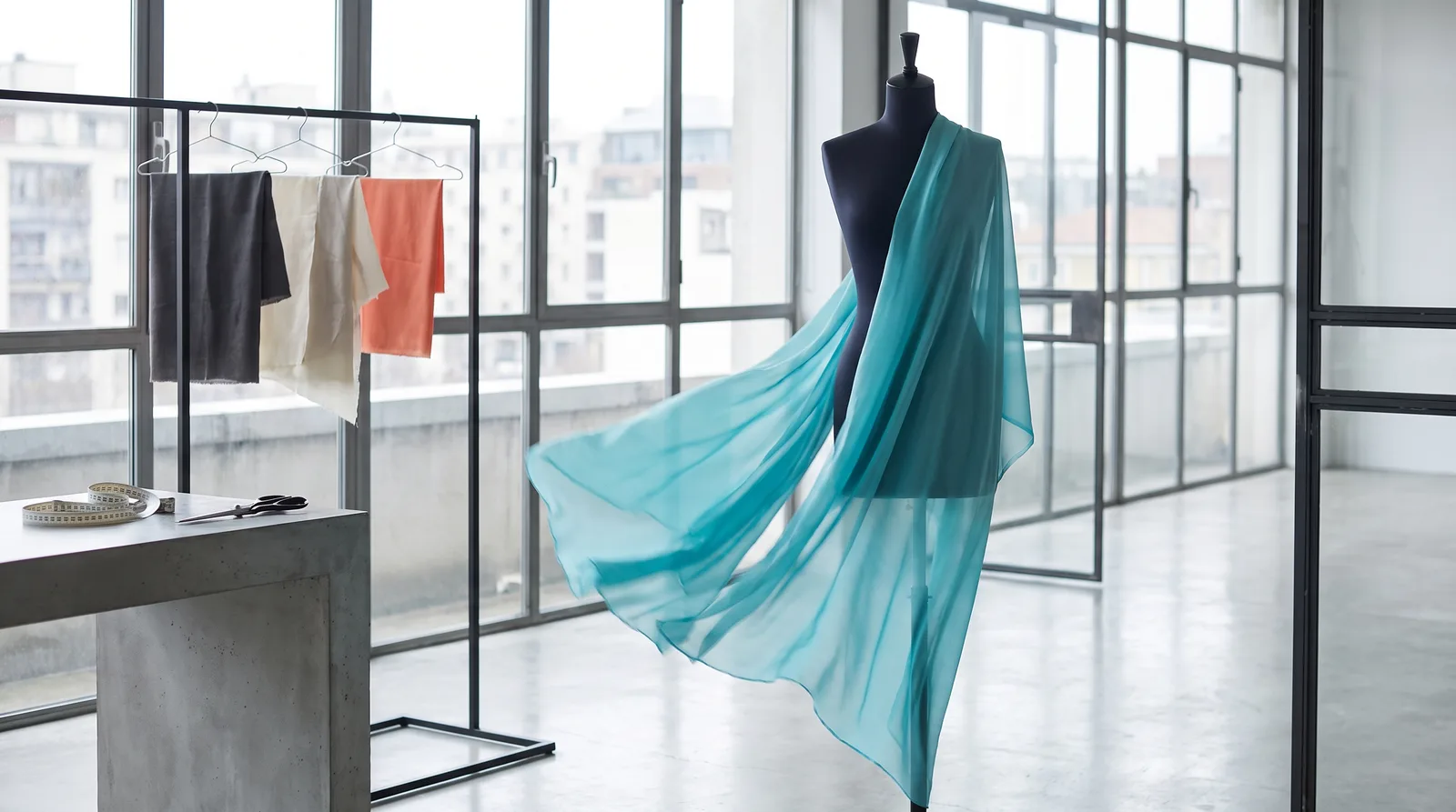 Manichino con tessuto drappeggiato in atelier, dettaglio sartoriale Made in Italy