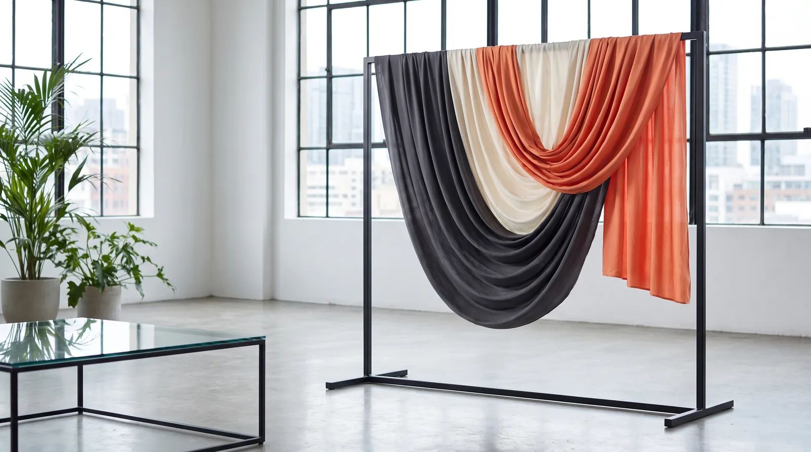 Tejido de viscosa fluido drapeado sobre un soporte minimalista, luz natural suave