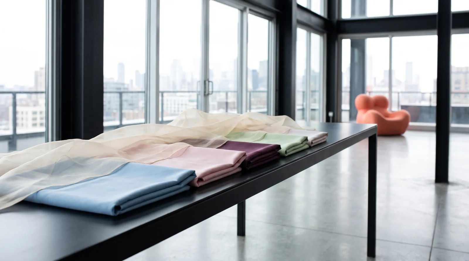 Coloured fabric swatches lined up on a black table