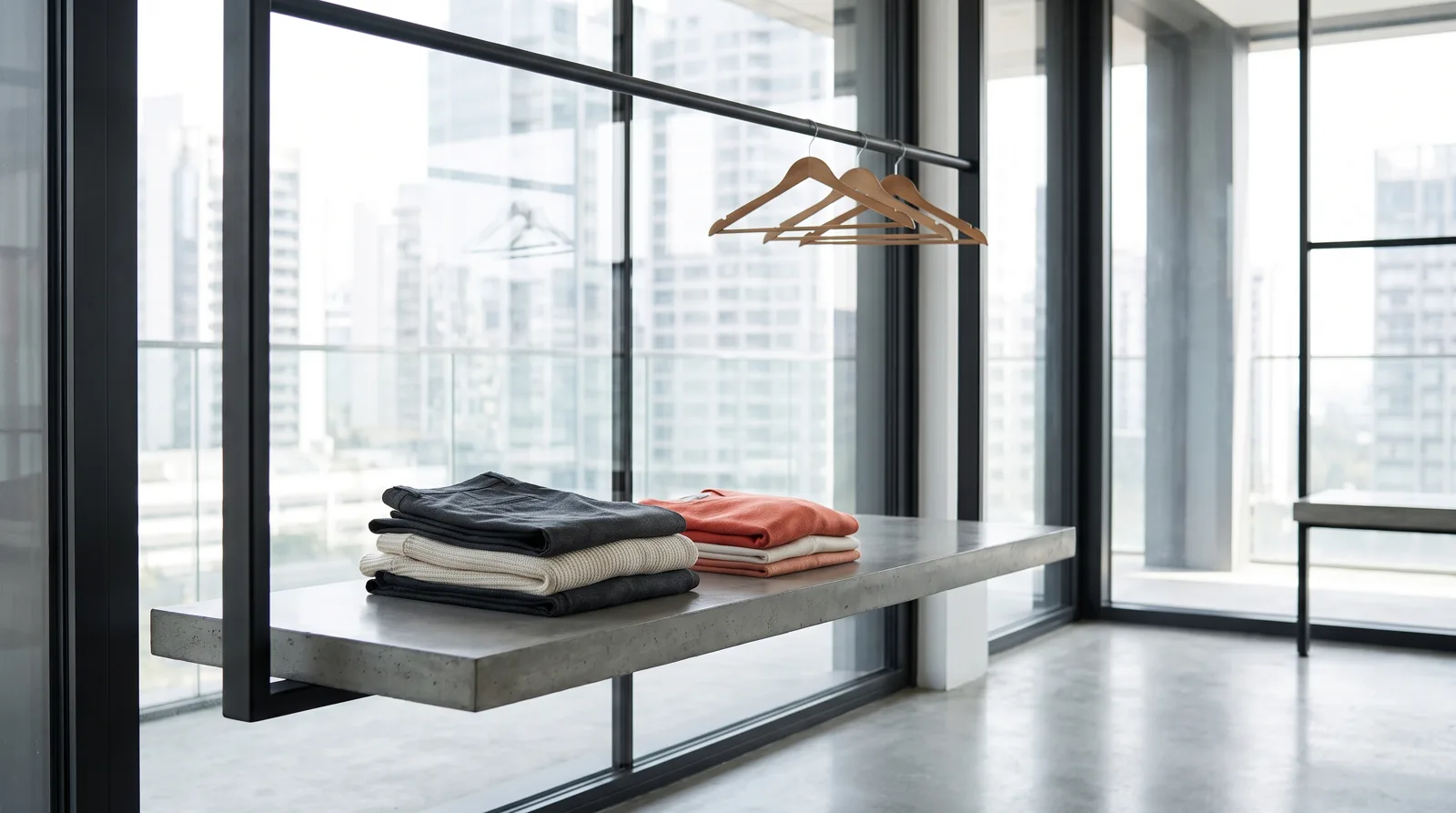 Folded neutral garments on a concrete shelf with a single coral accent