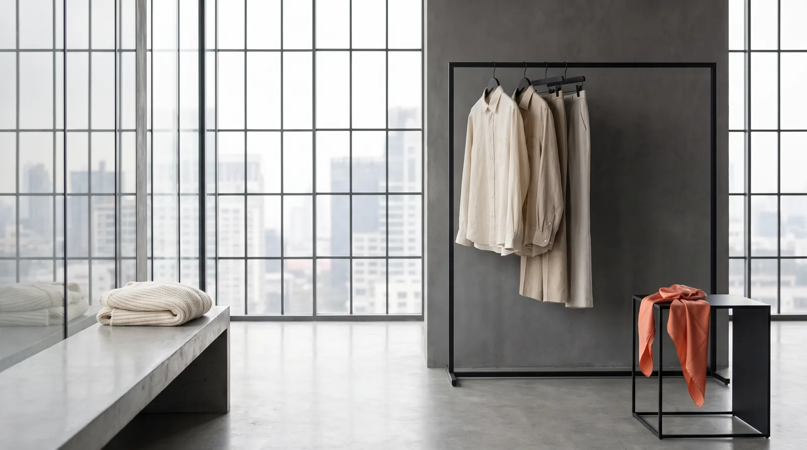 Minimal dressing room with a black steel rail and a few neutral garments