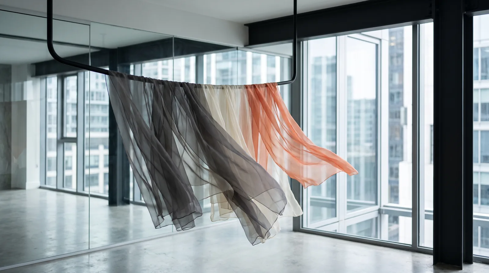 Organza y muselina de seda colgadas de una barra de acero, la luz atraviesa la tela