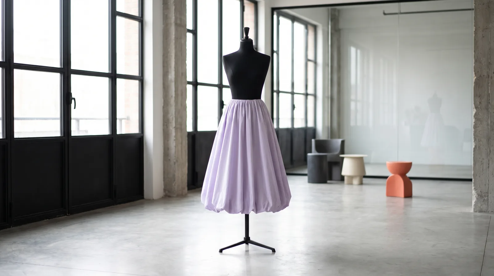 Una falda globo color lavanda sobre un maniquí negro en un estudio de hormigón