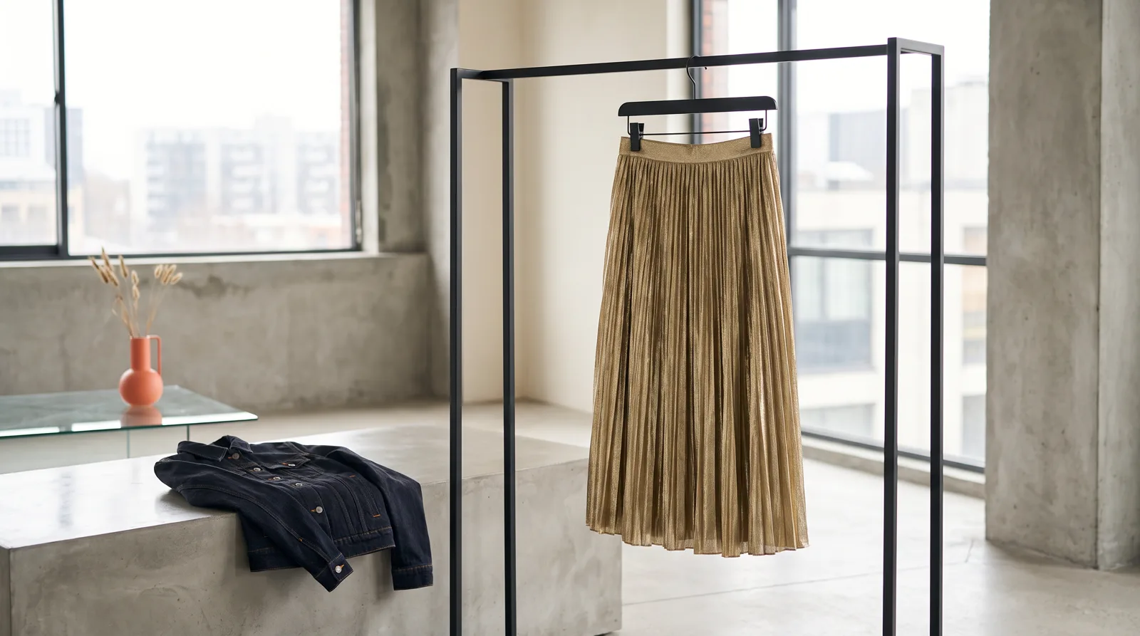 Ein goldener Metallic-Rock an einer schwarzen Stange neben einer indigoblauen Jeansjacke in einem Betonstudio