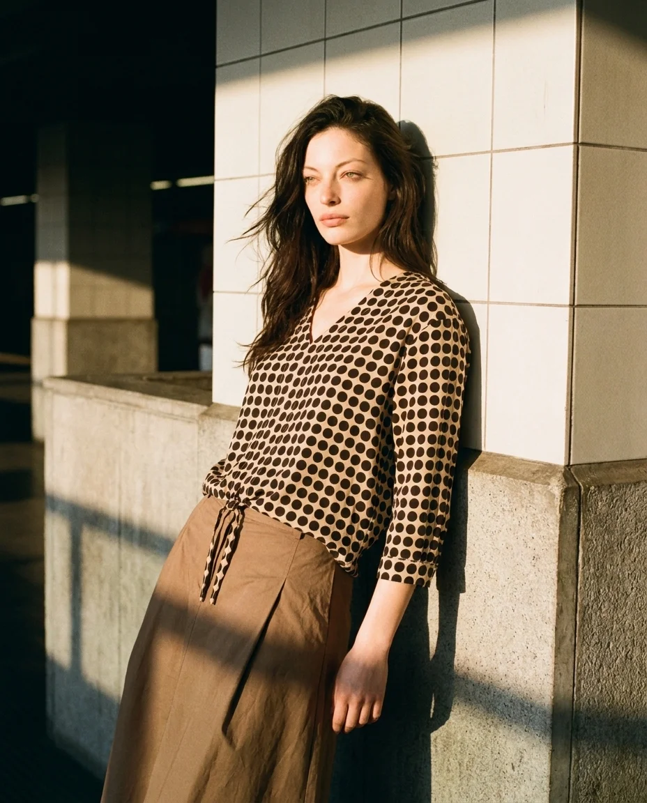 Look GUS di giorno: blusa a quadri e gonna cammello