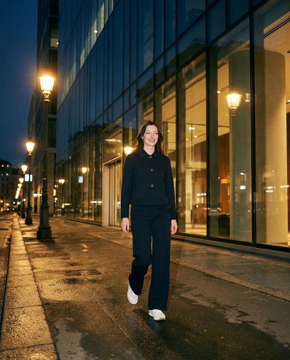 Look GUS di sera, cappotto blu tra i lampioni della città